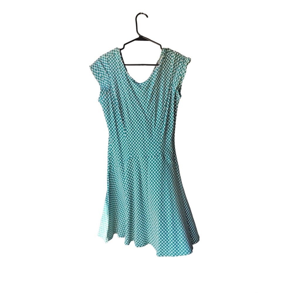 New‎ York & Company Teal Green Geometric Cap Sleeve Fit and Flare Dress Womens M